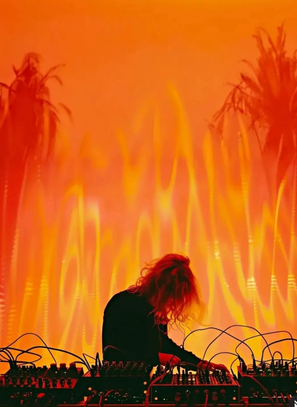 Silhouette of Emeraldia bent over machines, in front of an orange wall and palm trees